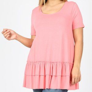 Short Sleeve Round Neck Ruffle Bottom Top